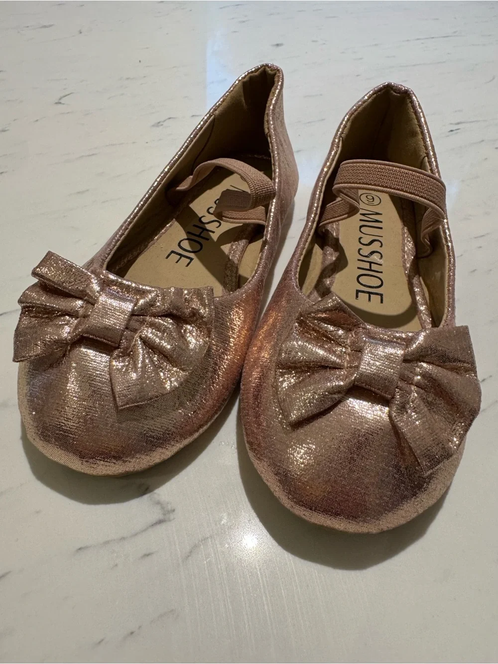 Girls Shimmery Rose Gold Ballet Flats with Bow